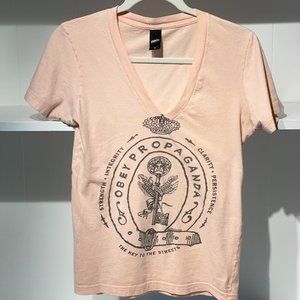 OBEY Deep V-Neck Graphic Tee | Women's Size Small | Peach